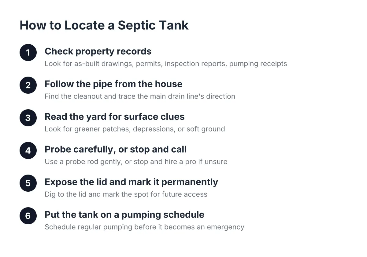 Six-step process diagram for a septic tank locating service, from records to scheduling