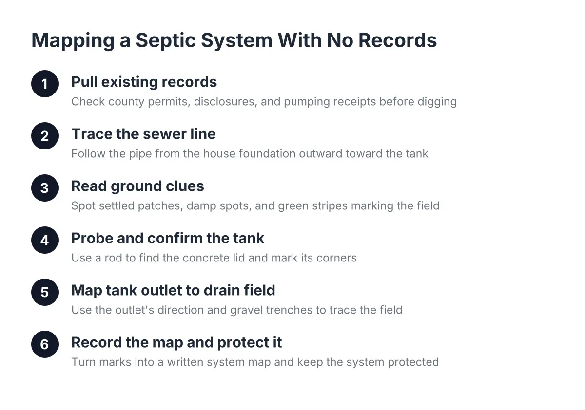 Diagram of steps for mapping septic system tank and drain field locations without records
