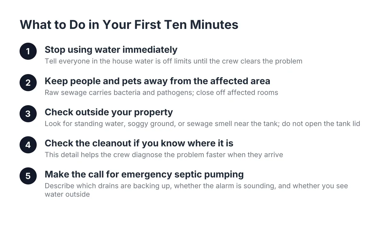 Emergency steps for septic backup at night: stop water use, contain the area, inspect outside, check cleanout, and call for service