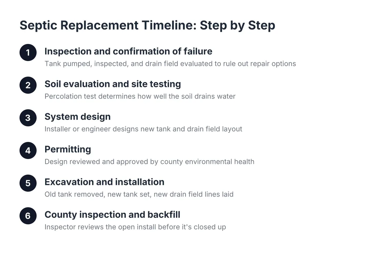 Six steps in the septic replacement timeline from inspection to county backfill sign-off