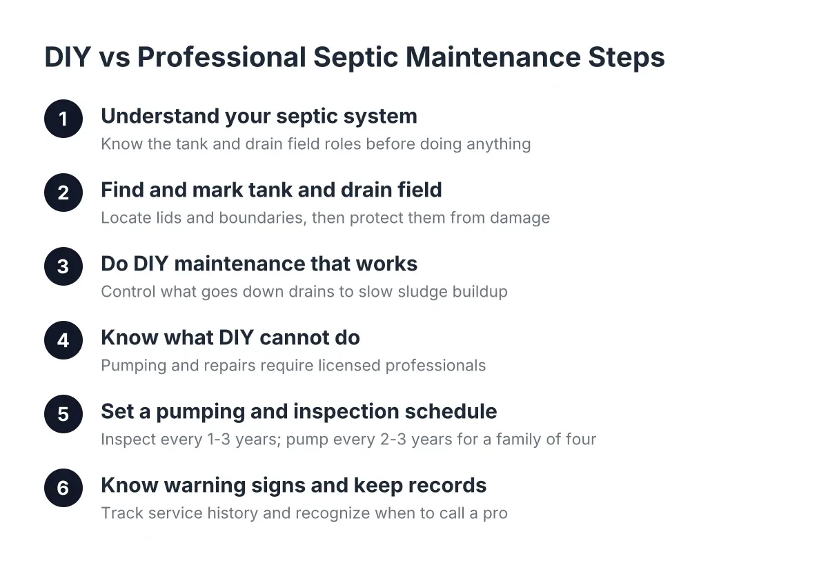 Steps comparing DIY septic tank maintenance tasks to professional pumping needs