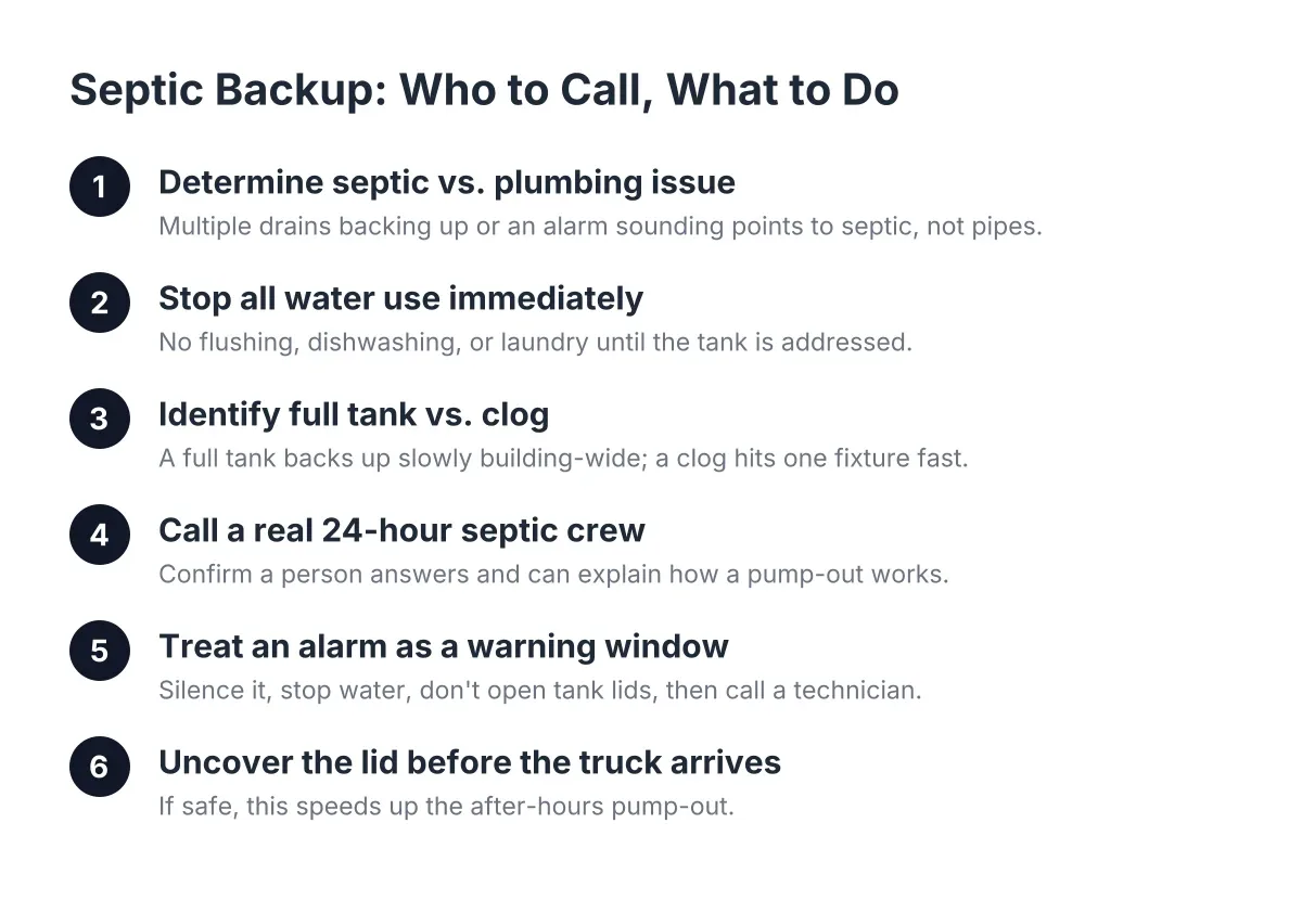 Steps for handling a septic backup emergency call in Hesperia, from diagnosis to pump-out