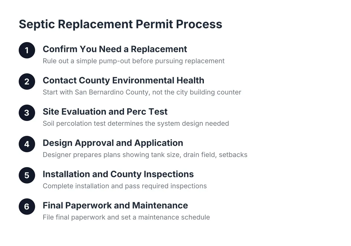 Six-step diagram of the septic replacement permit process in Hesperia, CA